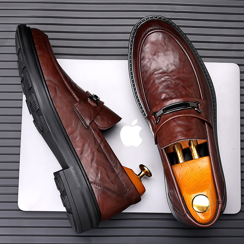 Men's low-top loafers - slip-on round toe dress shoes for business, work, and weddings - textured leather