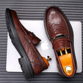 Men's low-top loafers - slip-on round toe dress shoes for business, work, and weddings - textured leather