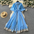 Frenchclassyelegantdress women's palace style straps waist elegantlacepatchwork single breasted large swing long skirt