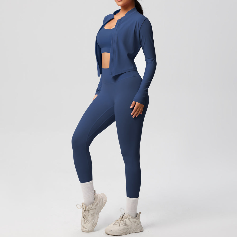 fashionpure color double-sided brushed tight sports yoga clothes three-piece set running fitness yoga clothes suit for women