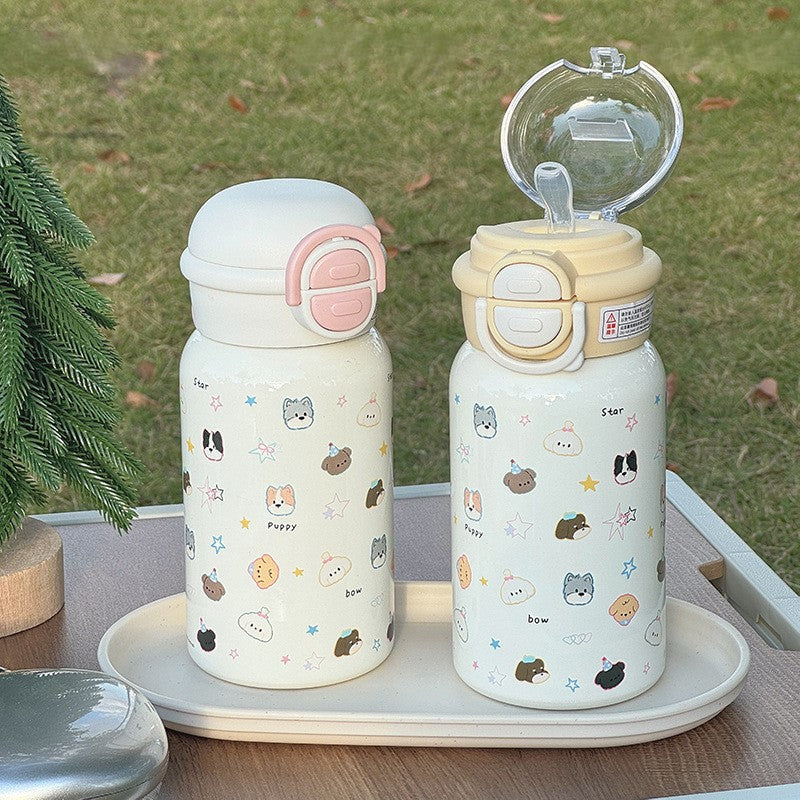 Customizable dog-themed minimalist kids' insulated water bottle - 316 stainless steel, cute straw cup for girls, high-value double-drink student bottle