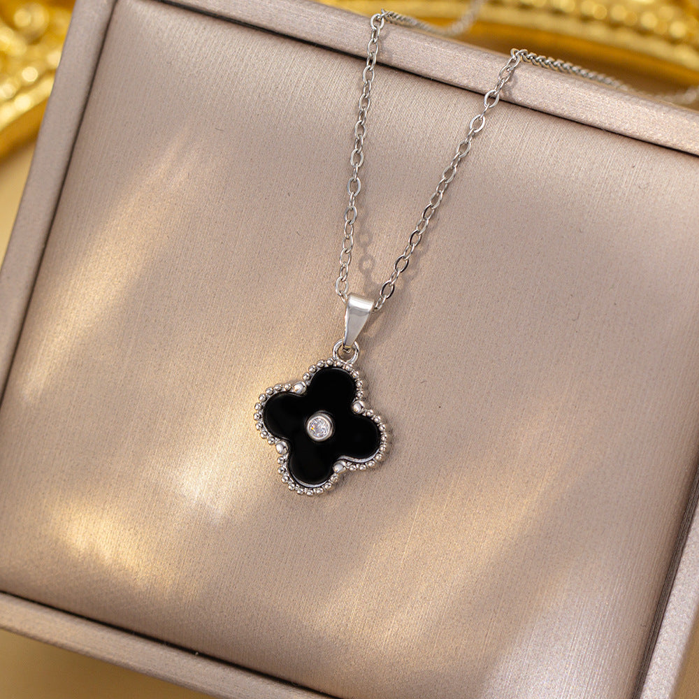 Copper inlaid zirconium four-leaf clover necklace for women, titanium steel real gold plating popularinsfashion flower exquisite sweater chain jewelry