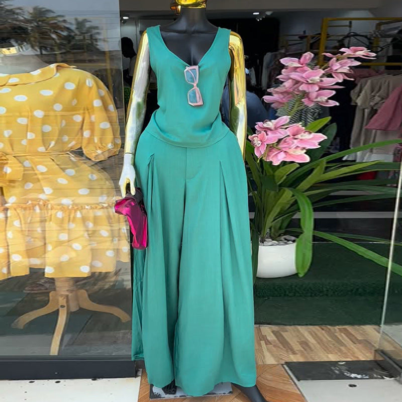 European and american cross-border women's fashion  spring new arrival: elegant solid color v-neck sleeveless top and high-waisted wide-leg pants set
