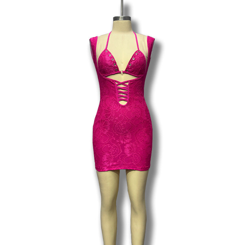 spring new women's sexy bodycon halter jacquard bodycon dress with cutout metal buckle tie-up skirt