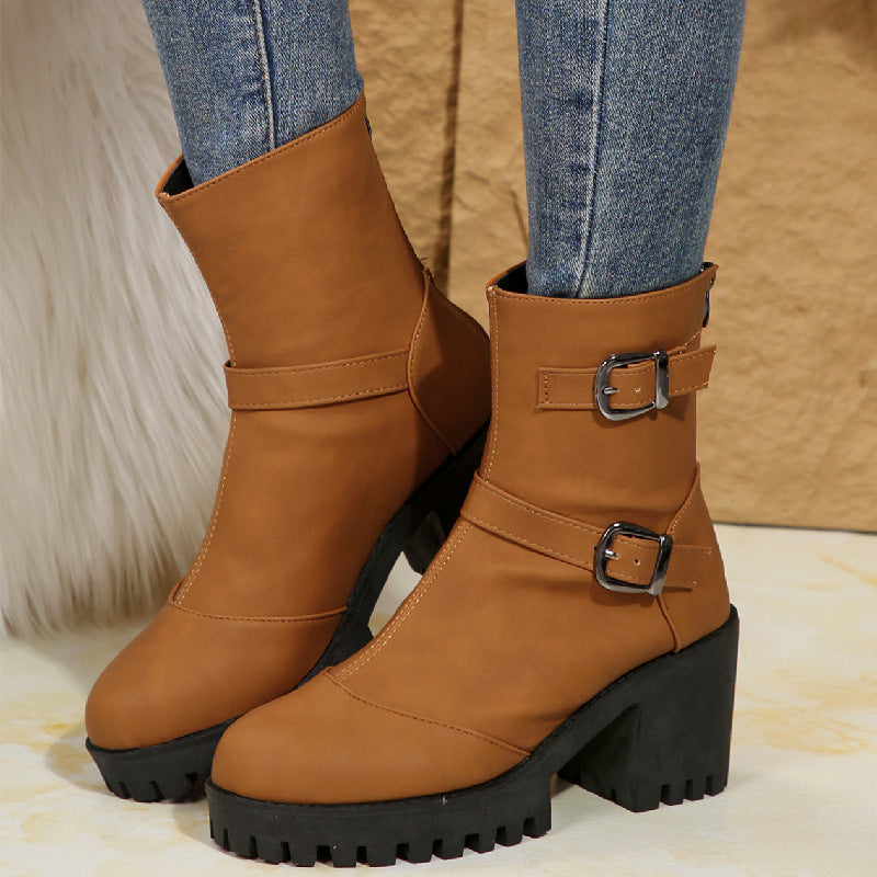 plus size boots for women fall and winternew arrivalfashionfashion round toe thick heel belt buckle women's boots