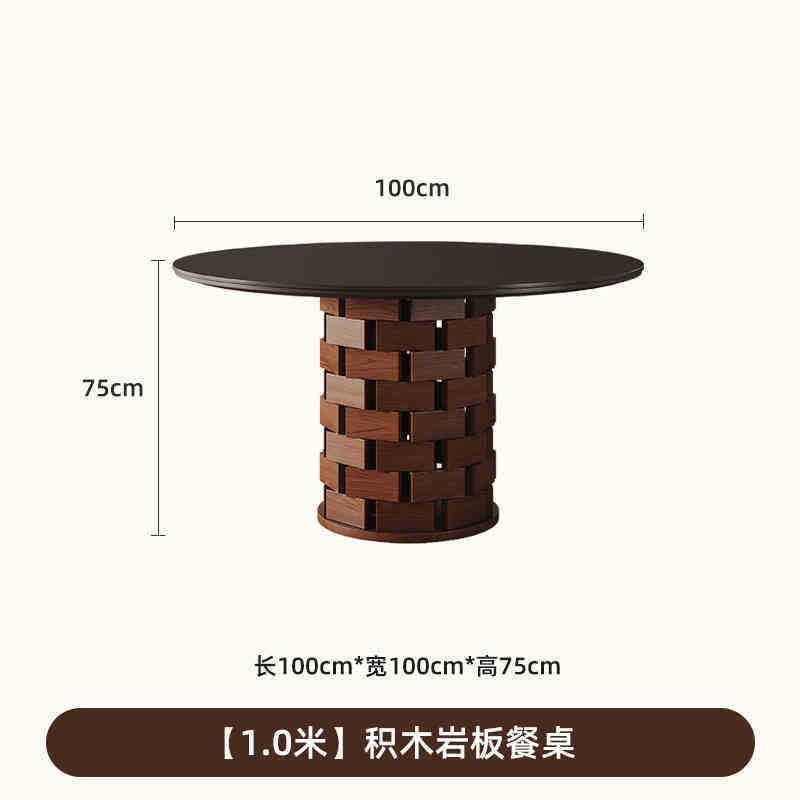 Wabi-sabi style solid wood rock slab vintage black creative round dining table, high-end dining table, french retro dining table