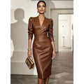 new european and american style fashion v-neck long sleeve fitted leather dress for independent online stores