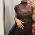 Amazon cross-border fashion women's winter new sexy waist-cinching patchwork mesh bodycon maxi dress