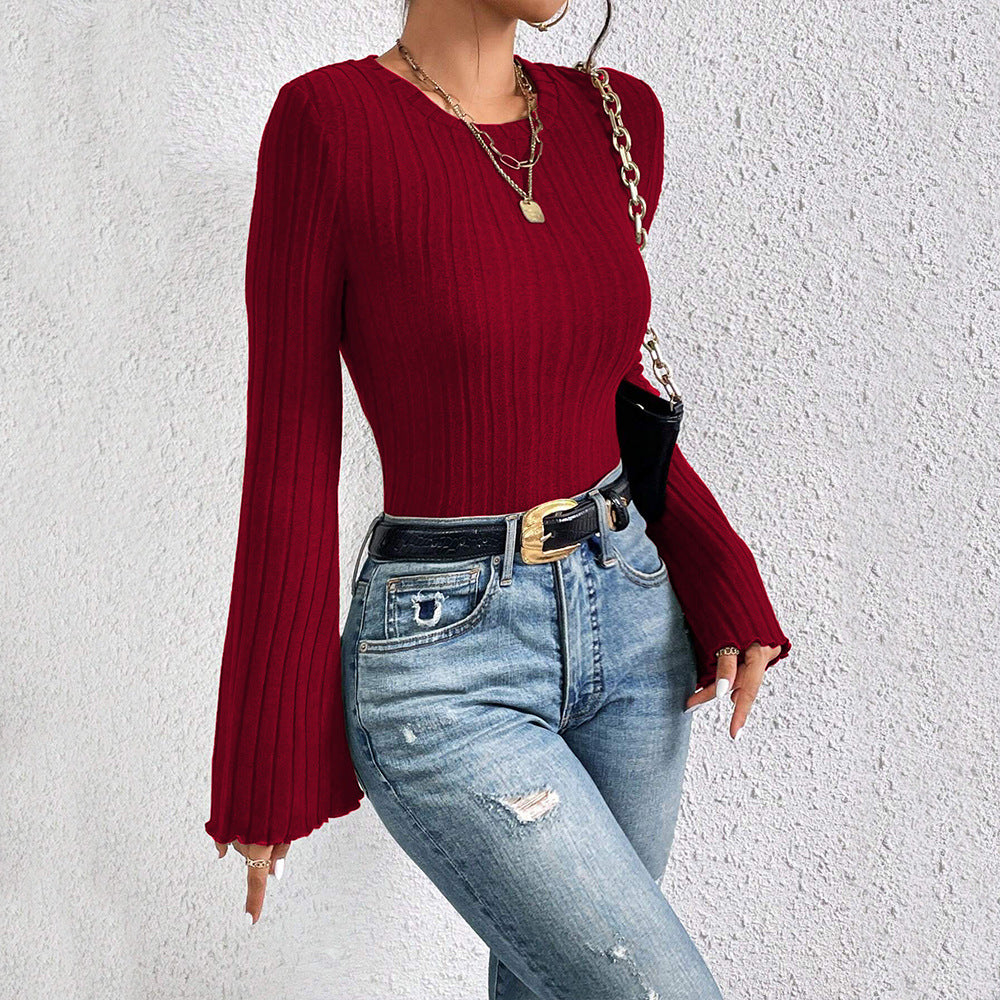hot-selling round neck flare sleeve burgundy t-shirt - chic, versatile, and a tiktok sensation for work and casual wear