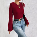 hot-selling round neck flare sleeve burgundy t-shirt - chic, versatile, and a tiktok sensation for work and casual wear