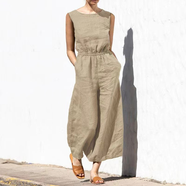 Summer,  Women's Clothing,  Spot 2025 New European and American Solid Color High Waist Sleeveless Jumpsuit