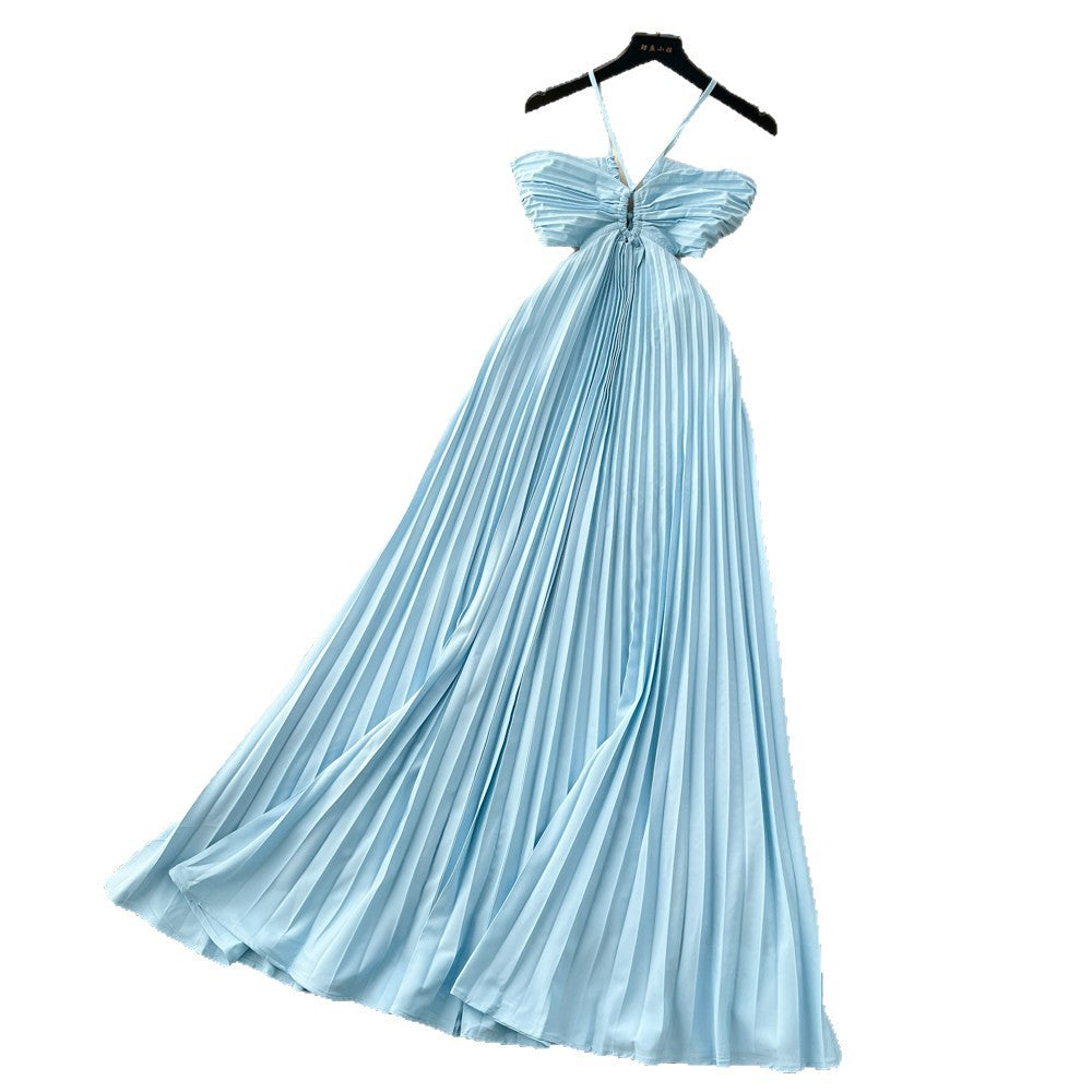 Vacation style haltercut out women's light blue dress women's summerpleated long skirt high waist waist slimming lookelegant skirt