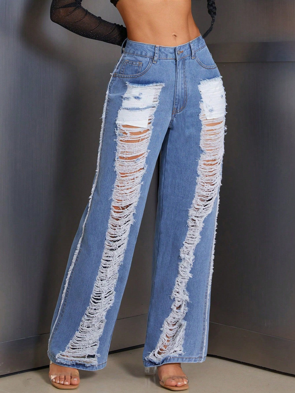 Pre-sale-15712# cross-border women's fashion european and american foreign trade ins fashion ripped straight loose denim pants