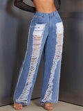 Pre-sale-15712# cross-border women's fashion european and american foreign trade ins fashion ripped straight loose denim pants