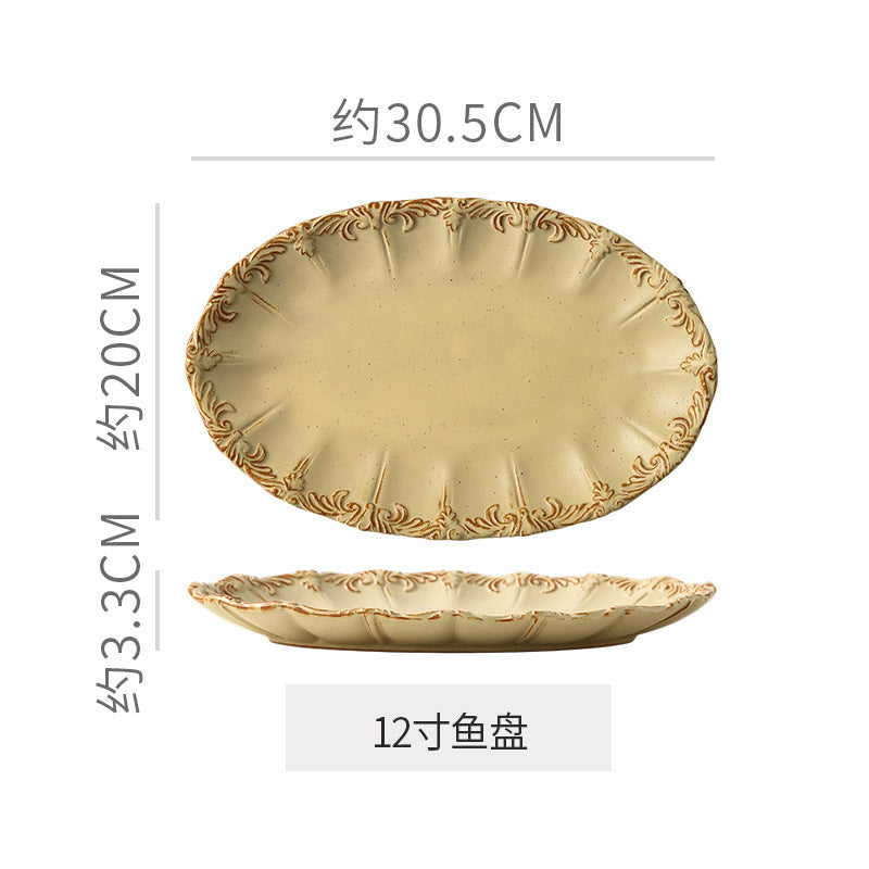 Embossed retro ceramic dinnerware set - french-inspired plates, high-end steak plates, dessert bowls, and rice bowls for home use