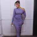 Fall and winternew arrivalfashion style cross-border women's clothing hot-selling fashionsexy shirred oblique shoulder long sleevesilm hip-hugging dress