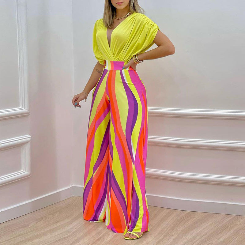 summer new women's clothing: cross-border european and american hot seller - printed batwing sleeve short-sleeve top, versatile and stylish set