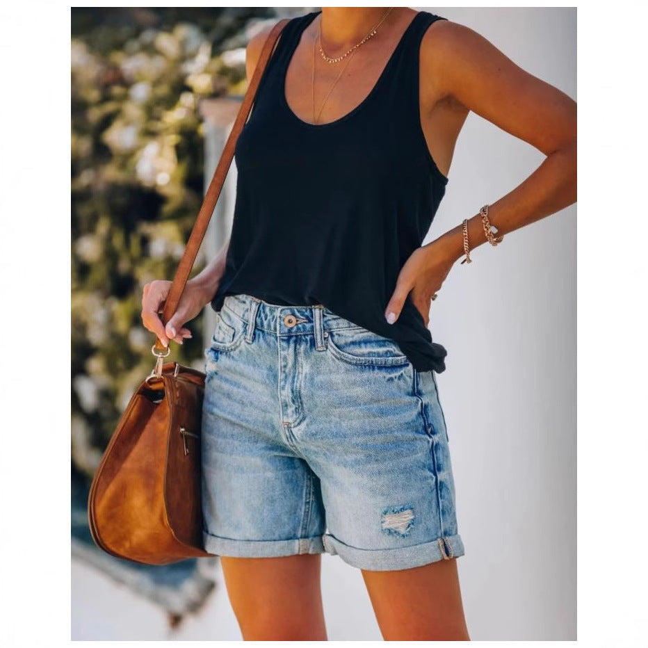 European and american clothing cross-border trade  new arrivalelegantcasual independent station ripped and rolled five-point denim shorts