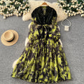 Gentle wind lacepatchworkelegantdress women's summerclassy sense of binding color matching waist printing long skirt work clothing