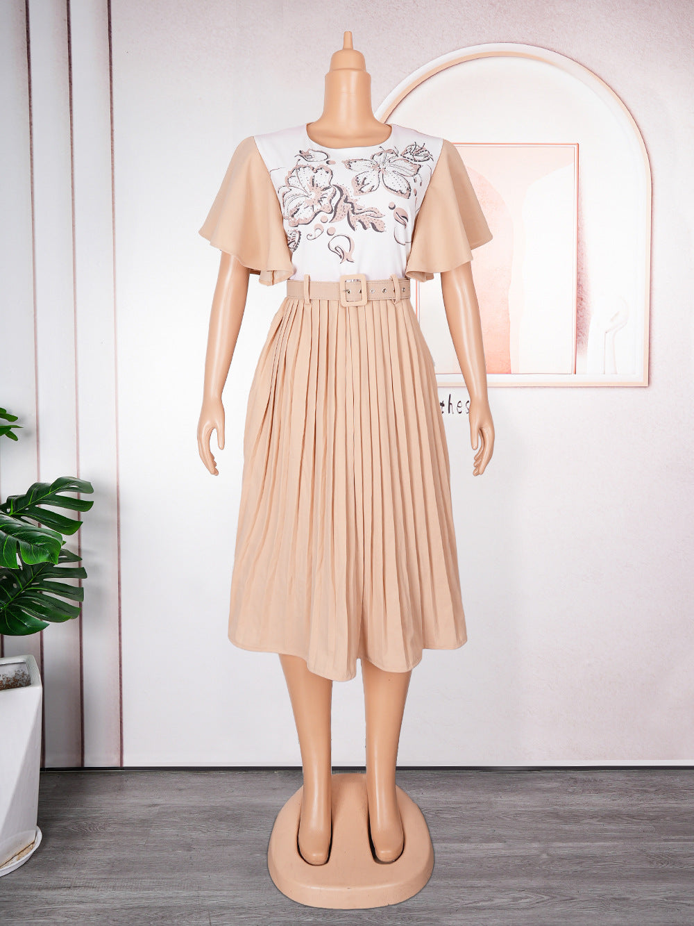 Aliexpress women's printed dress african cross-border trade new style maternity plus size pleated skirt with belt