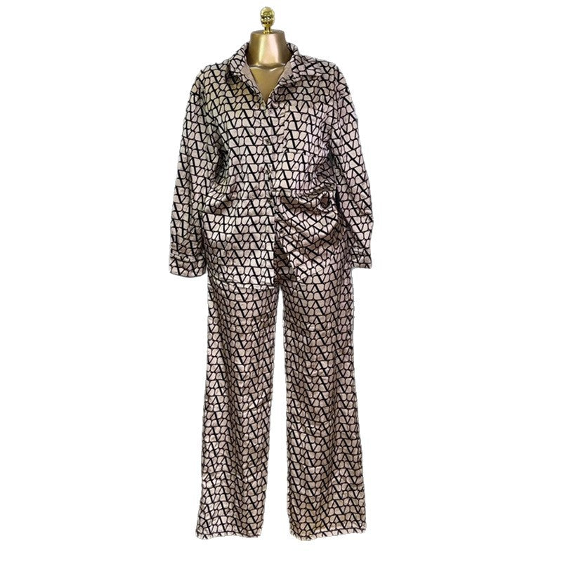 European and american cross-border women's fashion:  autumn new collection - trendy printed oversized long-sleeve shirt and wide-leg pants casual set