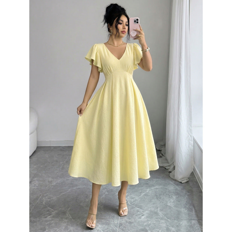 Women's summer new french chic casual solid color ruffle trim v-neck a-line maxi dress