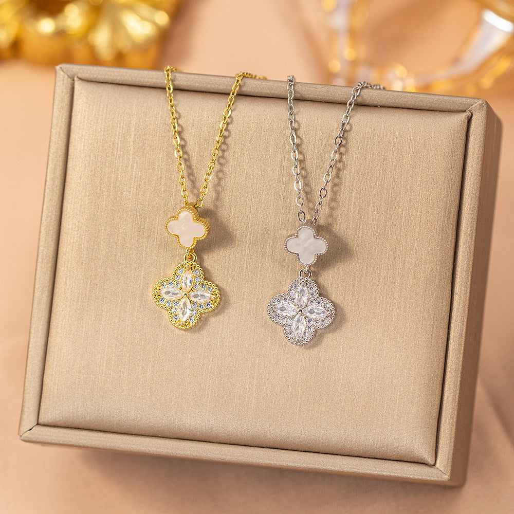 【titanium steel】trendy & chic copper inlaid zircon four-leaf clover necklace - women's high-end, lightweight luxury, tarnish-resistant choker jewelry