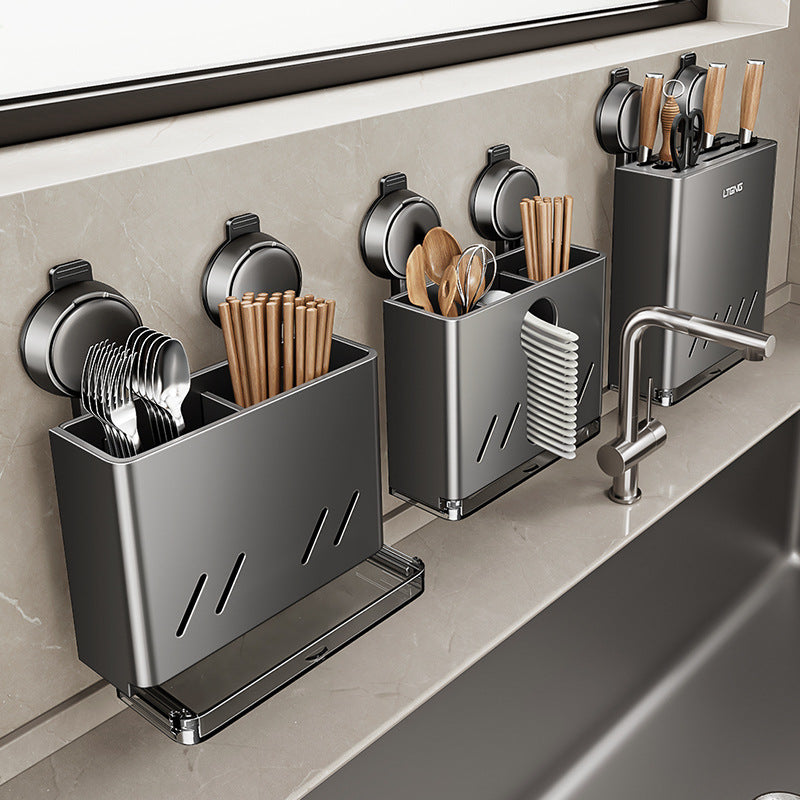 Household Kitchen Knife Rack Shelf Multifunctional No Punching Wall Hanging Suction Cup Spoon Chopsticks Knife Storage Box