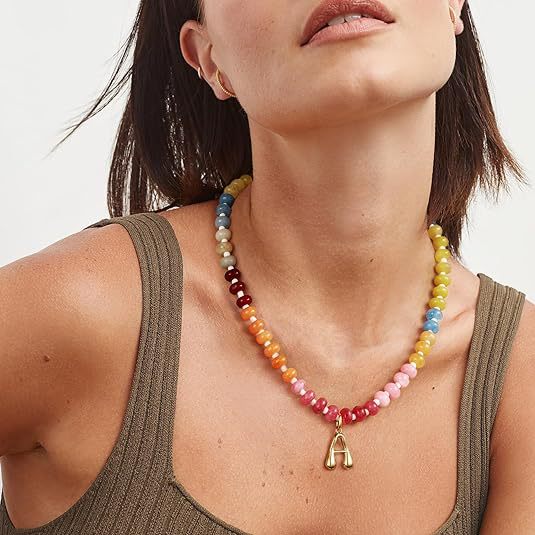 Girl's initial necklace, colorful beaded gemstone choker, gold bubble letter pendant necklace with natural stone for summer