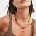 Girl's initial necklace, colorful beaded gemstone choker, gold bubble letter pendant necklace with natural stone for summer
