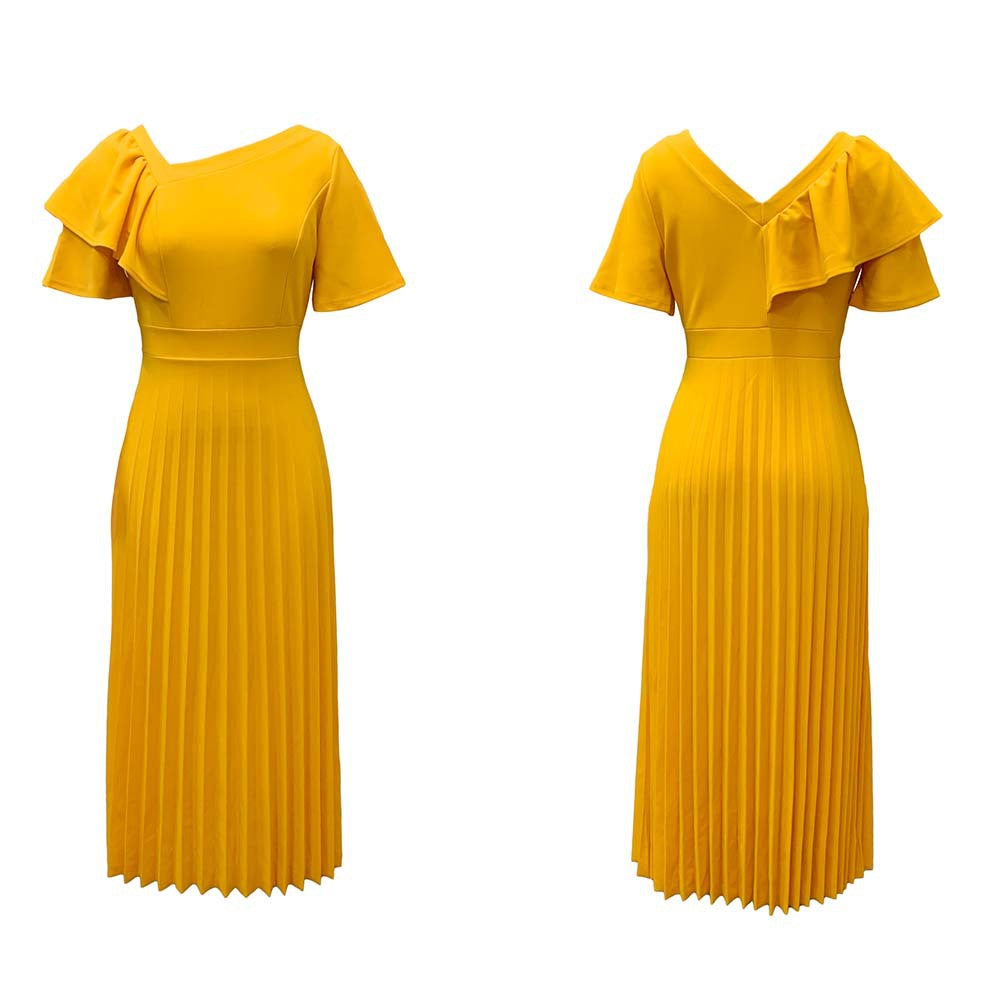 D231 european and american style women's summer  new arrival: elegant, slim-fit, ruffle-trimmed, short-sleeve, pleated export dress