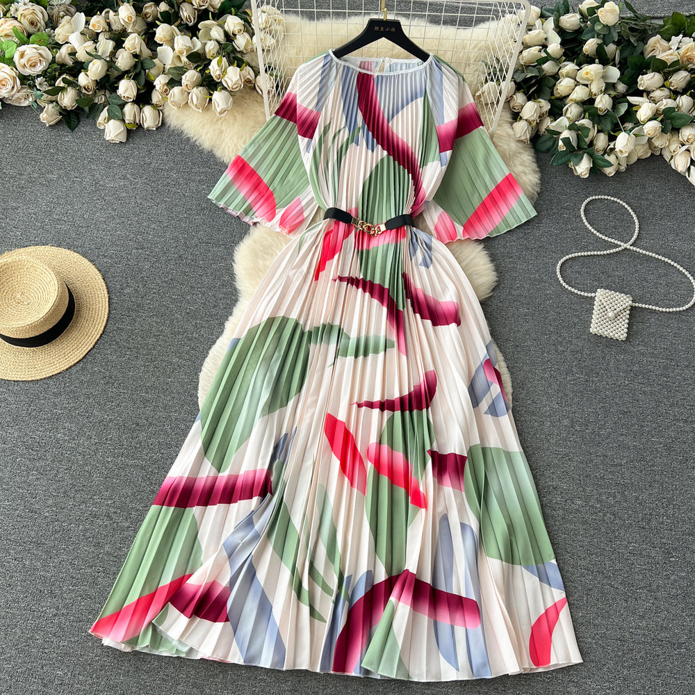 European and american retro court style design printed long dress with heavy pleating, puff sleeves, and pleated skirt - spring collection for women