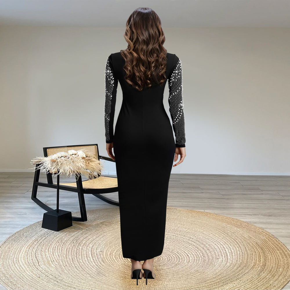 C7417 cross-border   fashion women's sleeveless bodycon rhinestone beaded elegant dress