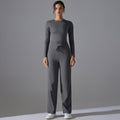 High-waisted, butt-lifting, drawstring wide-leg pants with a barely-there feel, paired with a form-fitting, long-sleeved yoga top. breathable, quick-drying, perfect for outdoor running and fitness