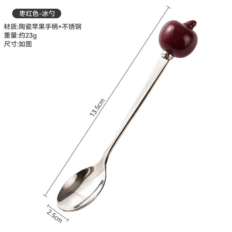 Colorful apple fork and spoon set - creative spoons with stainless steel and ceramic handles for fruit, coffee, cake, and desserts - wholesale