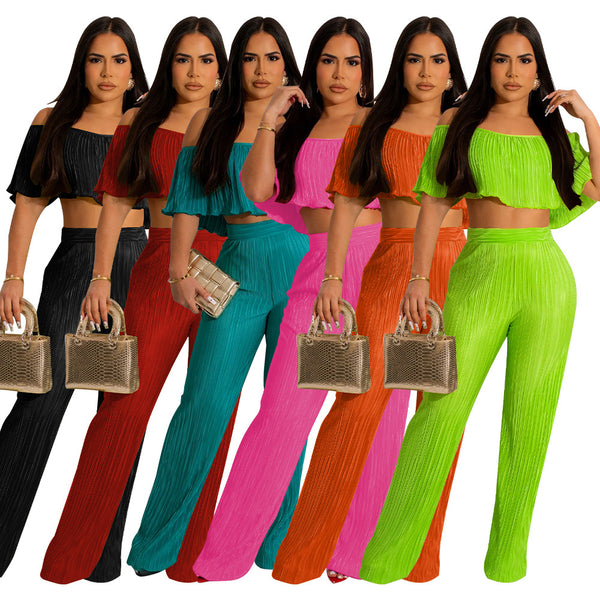 K10470 Independent Station European and American Cross-border Women's Clothing 2023 Explosive Folded Lotus Leaf Edge Shoulder Wide Leg Pants Set New