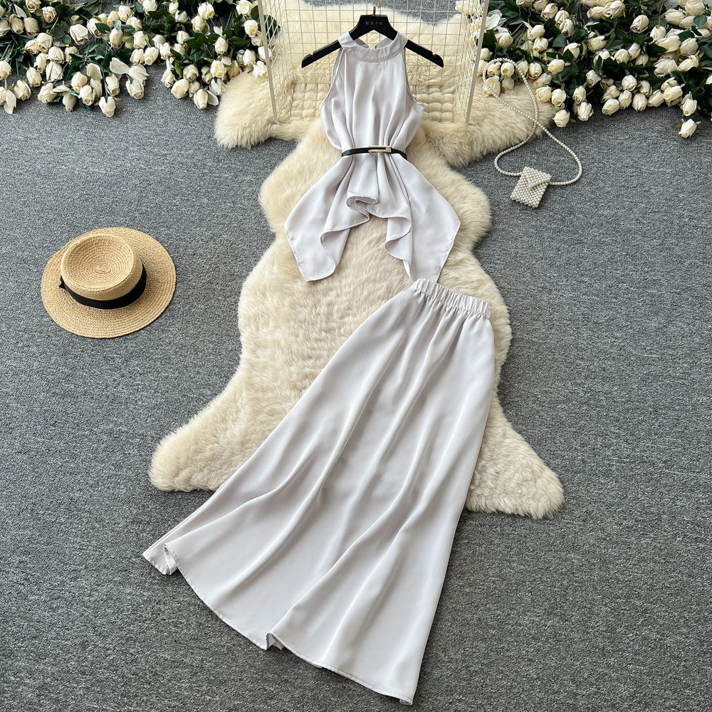 Gentle style work clothinghalterbacklessdress women's summercasualcasual waist slimming looktwo-piece setelegantsuit