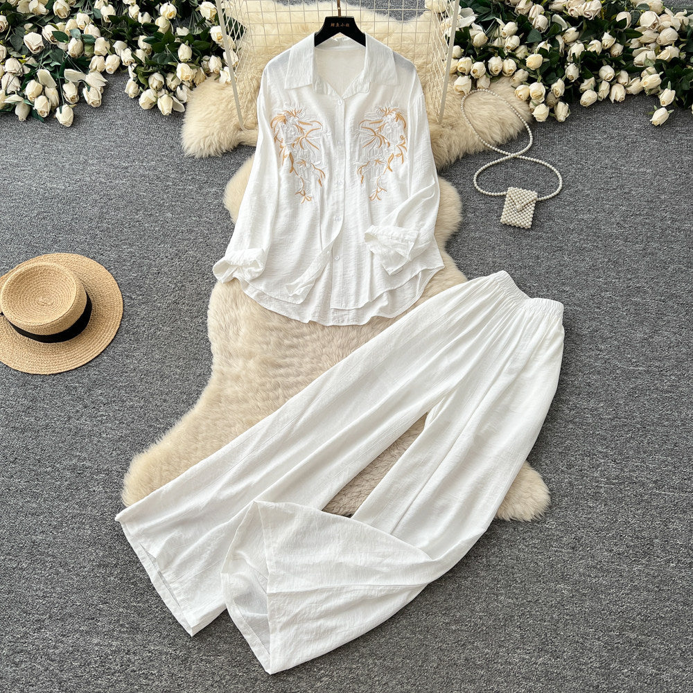 Lazy style pink embroidershirtloose pantstwo-piece set female autumlong sleevessequinwork clothingslimming lookelegantsuit