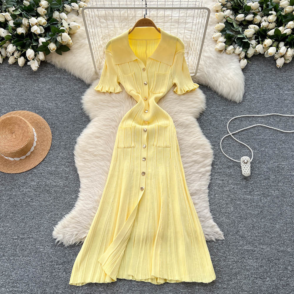 Korean style minimalist design turn-down collar knitted dress - women's summer slim fit, single-breasted, elegant long dress