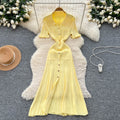 Korean style minimalist design turn-down collar knitted dress - women's summer slim fit, single-breasted, elegant long dress