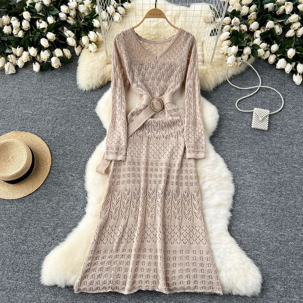 Order korean style gentle style cut out crochet knittingdress women's waist strap over the knee suspender bottom skirt suit