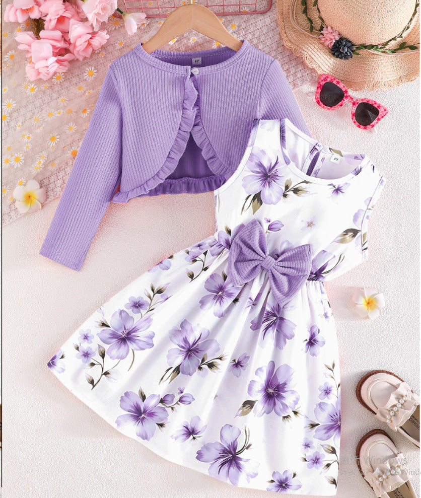 spring/autumn collection: girls' colorful suspender dress + solid color cardigan - new fashionable and elegant baby outfit