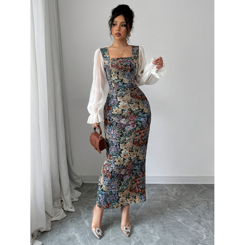 Aliexpress 1688 independent station women's oil canvas patchwork chiffon square neck elegancedress