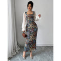 Aliexpress 1688 independent station women's oil canvas patchwork chiffon square neck elegancedress