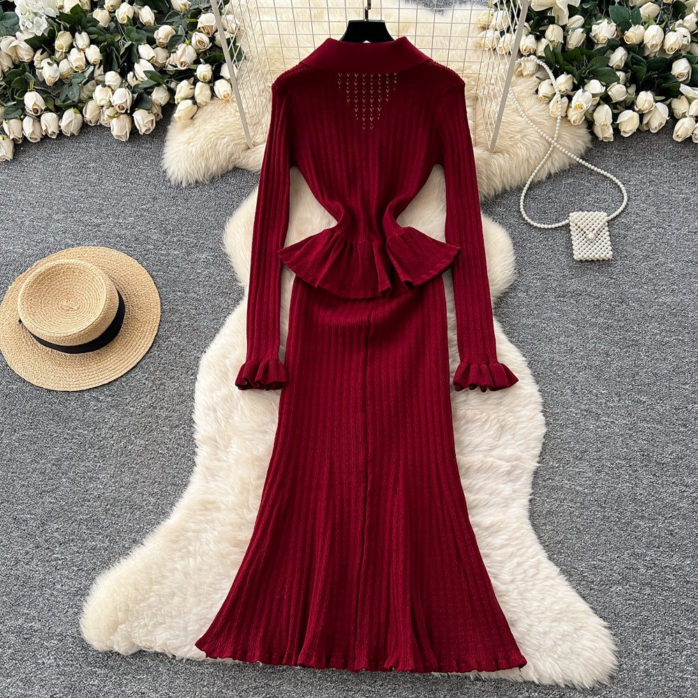 Xiaoxiangfengclassy sense of celebrity heavy industry metal buckle v neck waist rufflespatchwork waist knittingdress female