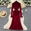 Xiaoxiangfengclassy sense of celebrity heavy industry metal buckle v neck waist rufflespatchwork waist knittingdress female