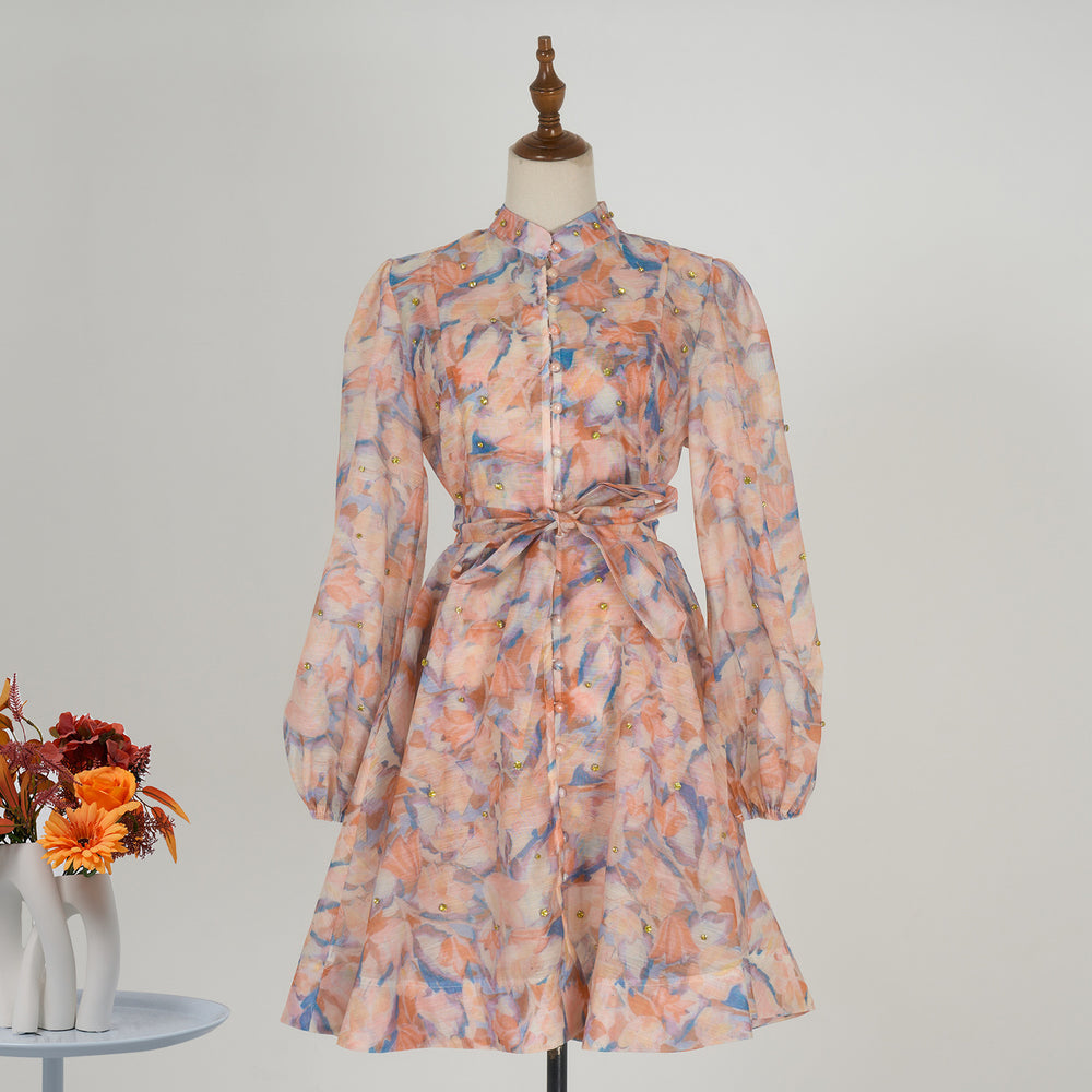 Export palace style spring dress for women new arrival nail diamond button waist printing long sleevesdress + suspender skirt