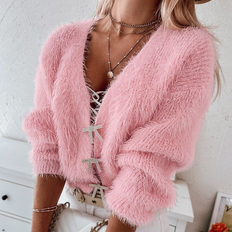 DHCN845 new  European and American bow diamond buckle imitation mink short knitted cardigan women