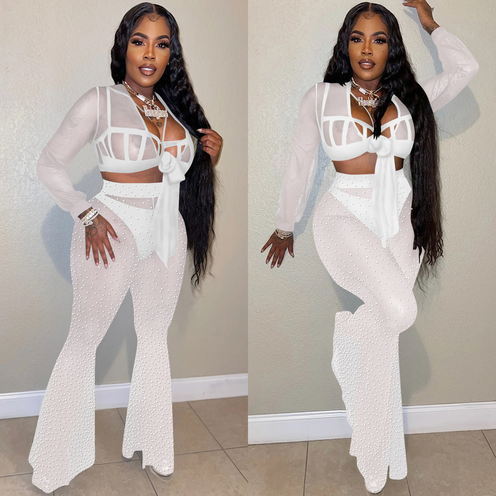 C5869   fashion new product nightclub hot diamond mesh see-through strap long-sleeved pants three-piece set