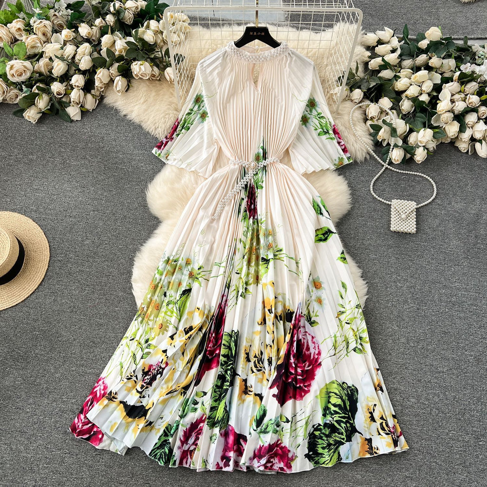 European style plus size women's high-end printed, heavily beaded, pleated long formal dress with pleated skirt - elegant women's dress
